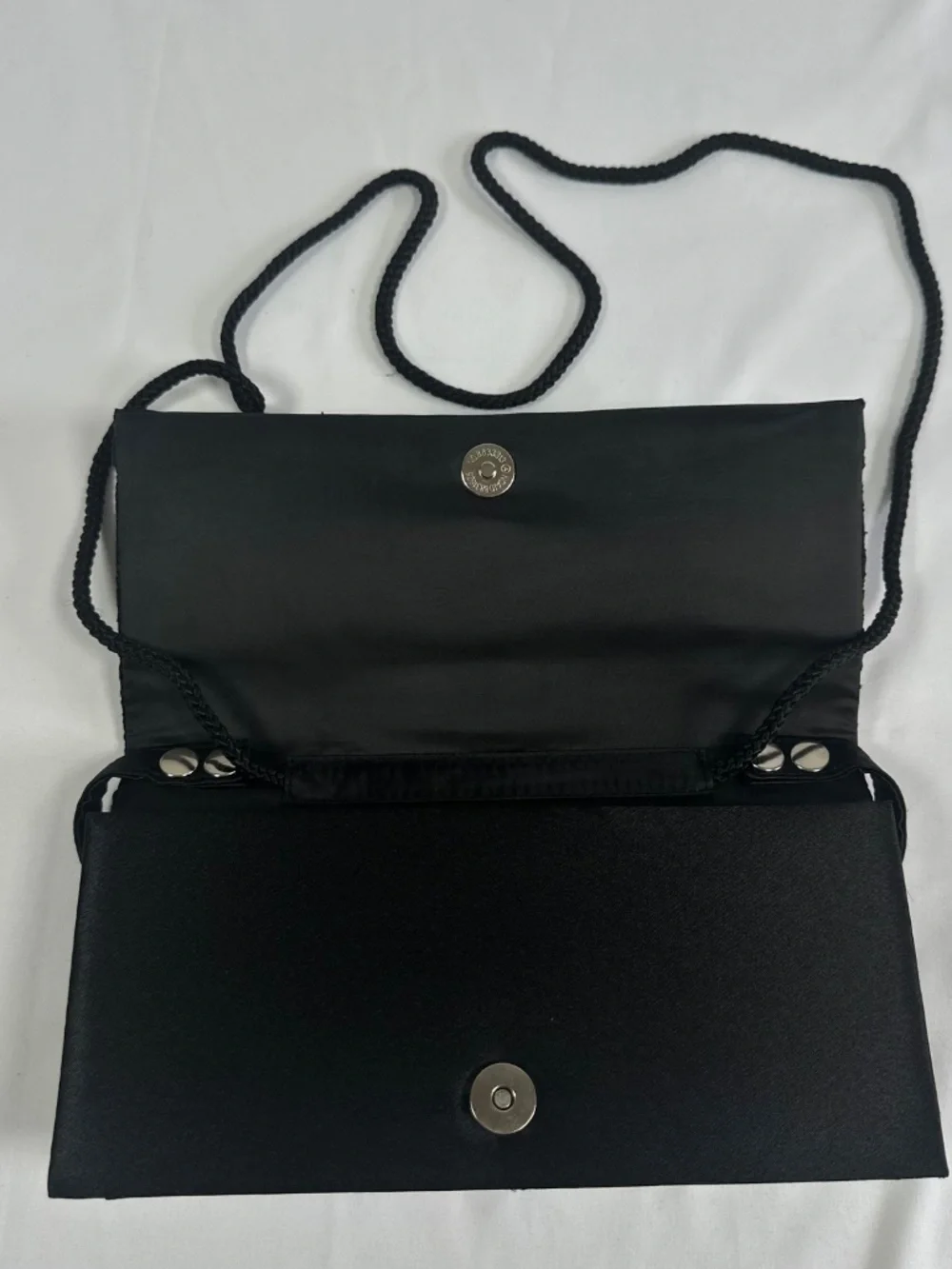 Black Evening Bag Ruching and Jeweled Embellishment Magnetic Snap Short Strap